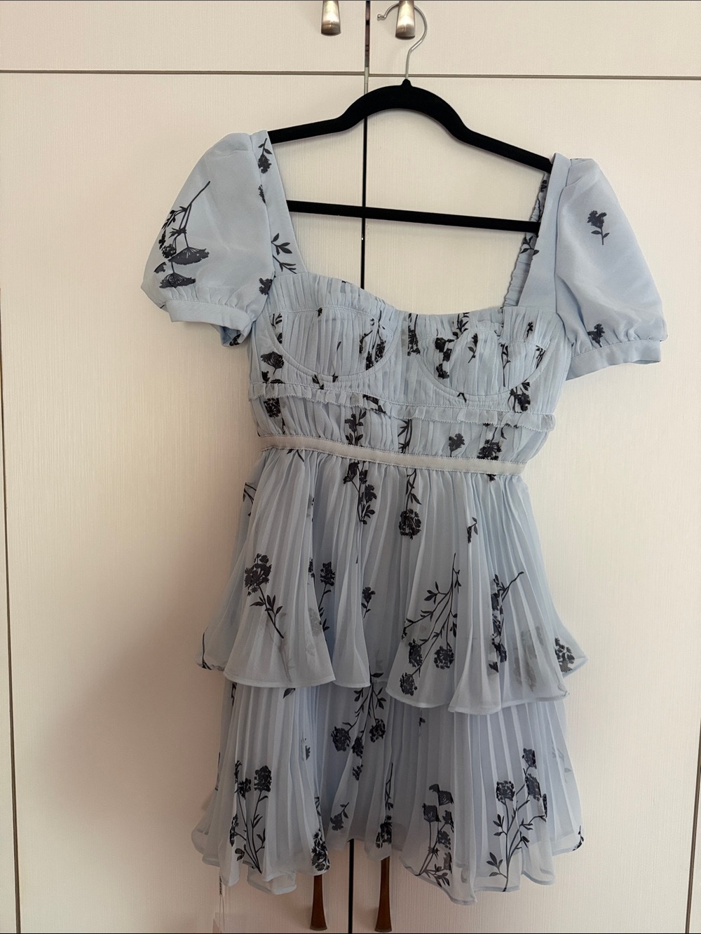 Self-Portrait Pale Blue Floral Puff Sleeve Tiered Midi Dress